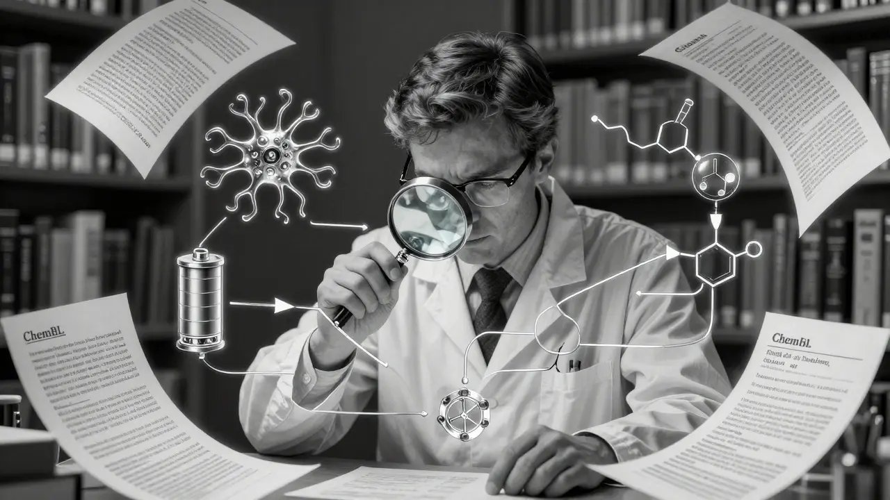 A researcher analyzes a silver-line flowchart connecting neuroscience and chemistry, surrounded by floating scientific citations in metalpoint style.