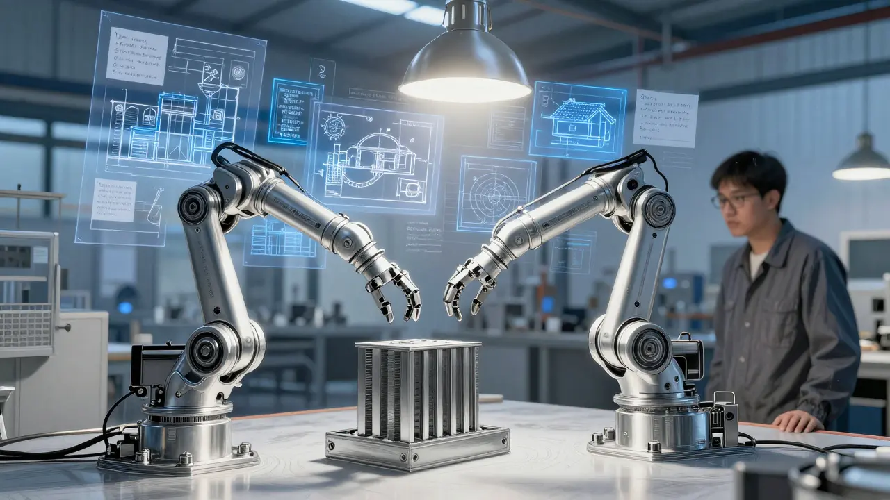 A robot reaches for a defective part while floating CAD diagrams and handwritten notes overlay the factory floor in fine silver lines.