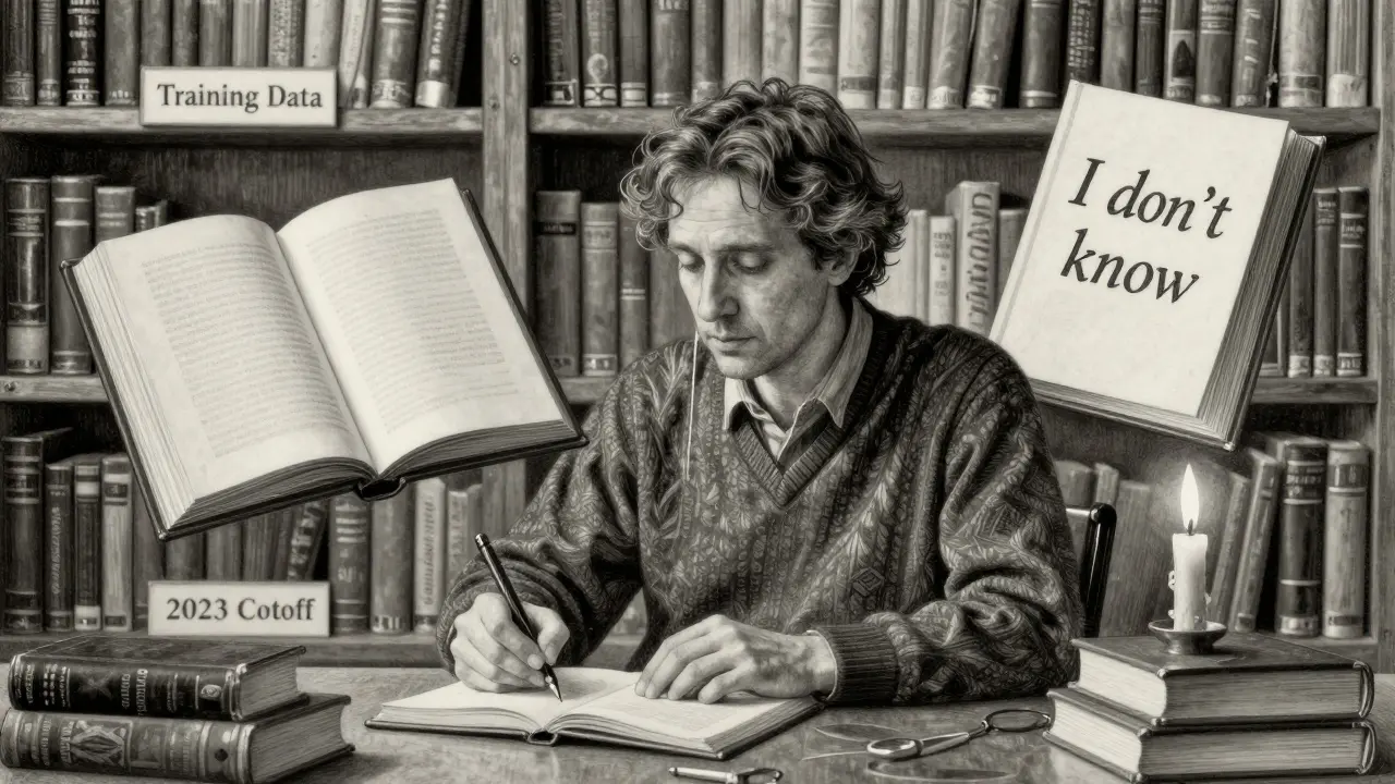 A scholar beside floating books, one revealing 'I don't know' in engraved script under candlelight.