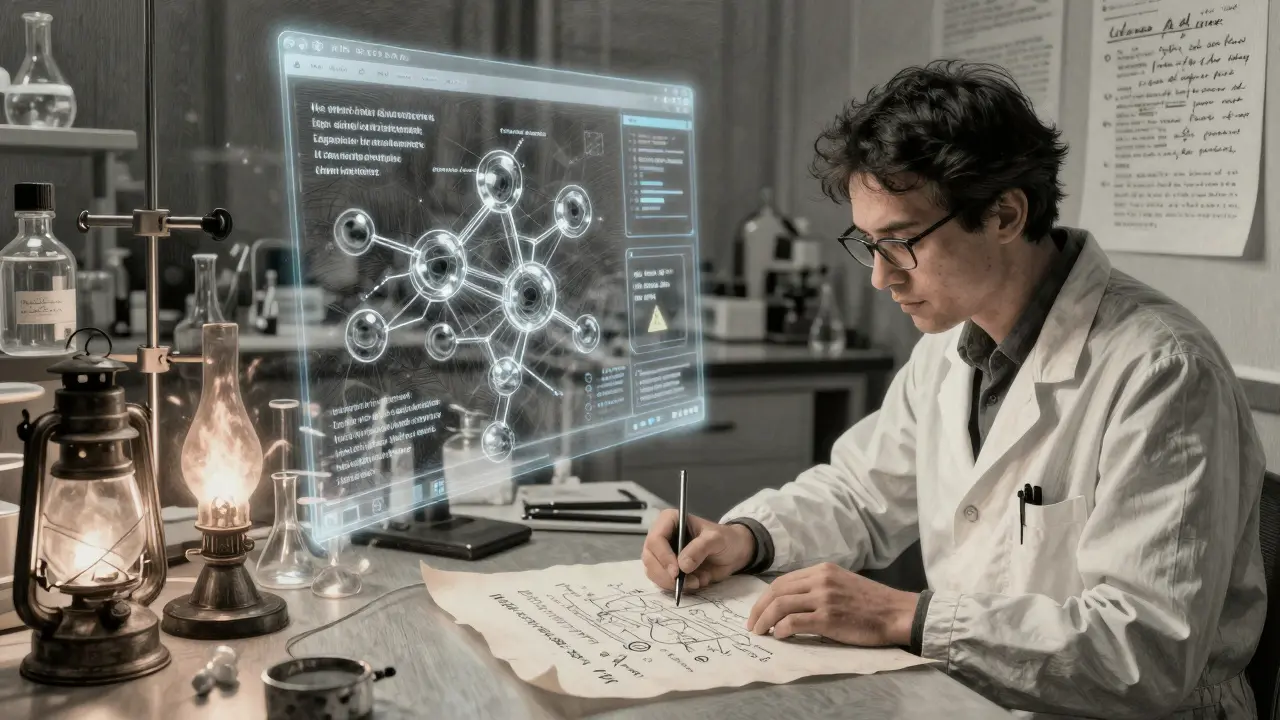 A scientist works beside an AI interface, one side showing a dangerous lab error, the other a validated discovery, all in intricate metalpoint detail.