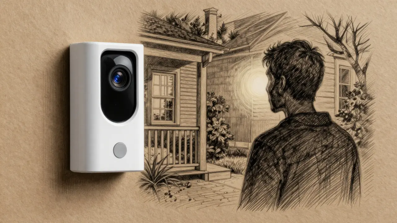 A smart doorbell recognizing a familiar face without any cloud connections, drawn in metalpoint with bronze tones.