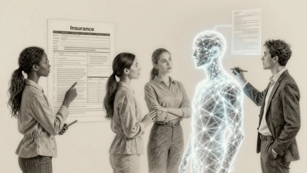 A team collaborating with a glowing, lattice-shaped AI interface that pulls data from floating documents.