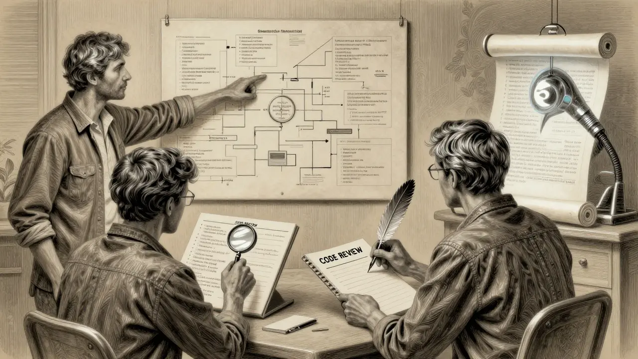A team reviews AI-generated code alongside a detailed flowchart, with documentation being automatically updated in a metalpoint illustration style.