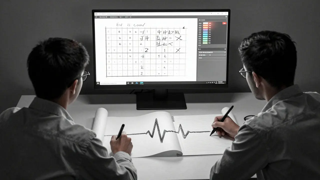 A team sketching feedback patterns on parchment while a heartbeat line rises on a scroll, symbolizing steady AI improvement through continuous learning.