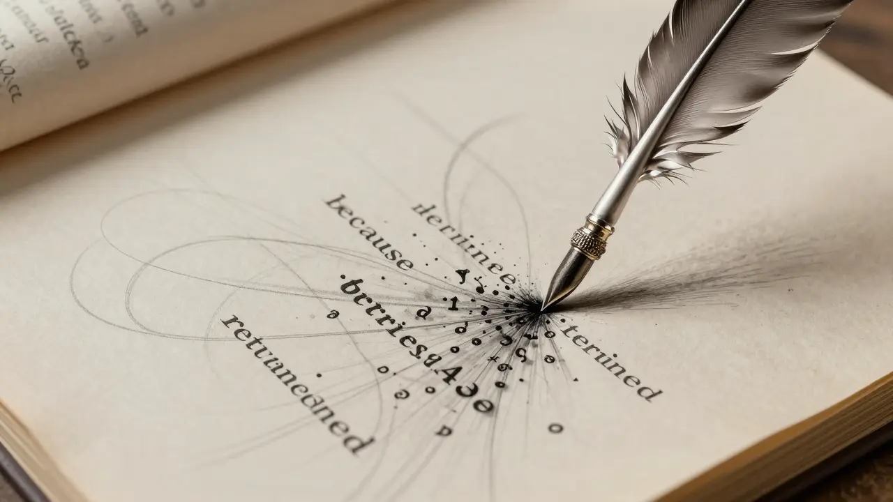 An ancient quill writing words from cascading probabilities on a scroll, with attention lines connecting phrases.