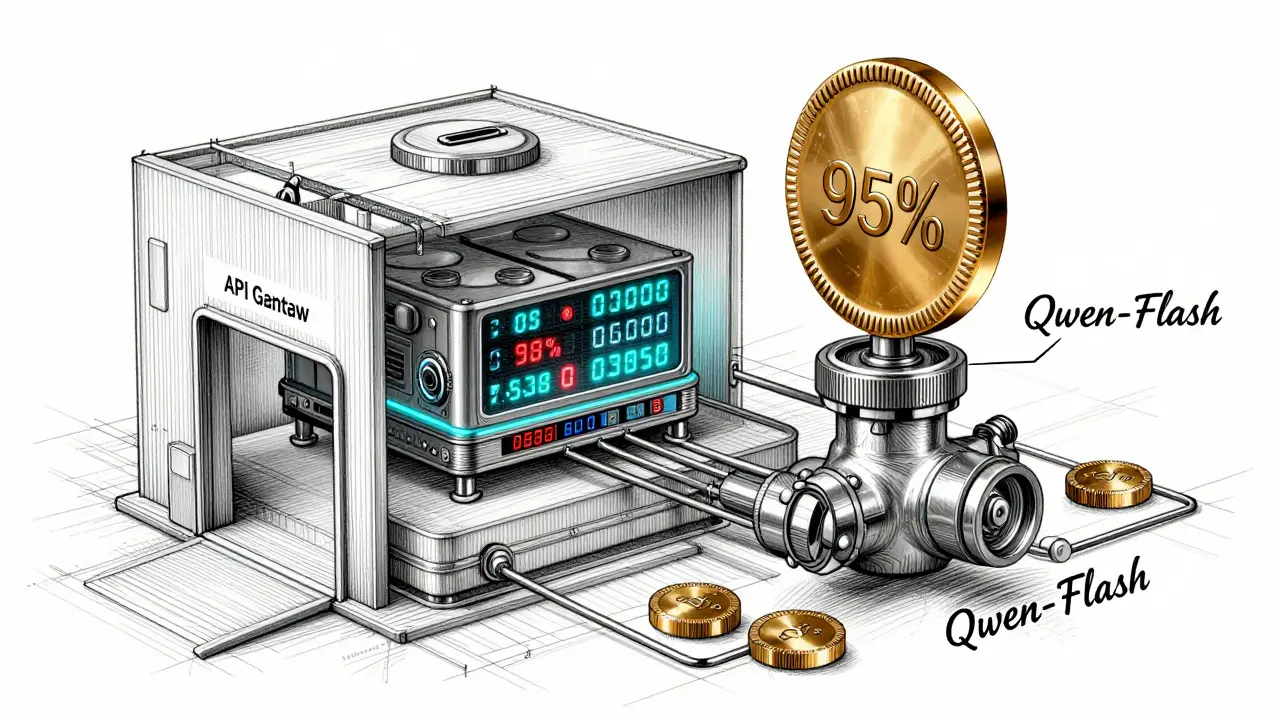 An architectural diagram of an API gateway with token counters, database, and enforcement engine regulating usage.