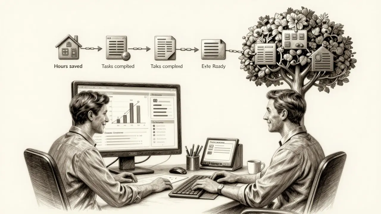 An employee viewing a personal dashboard showing time saved and reduced errors, with icons forming a growing tree of success.