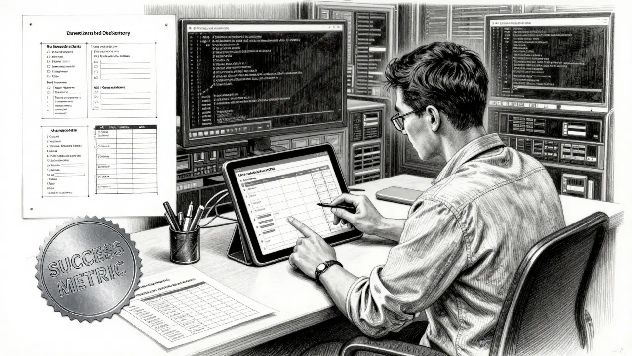 An operations specialist directs an AI assistant to build a live dashboard, surrounded by compliance checks and legacy code shadows in metalpoint style.