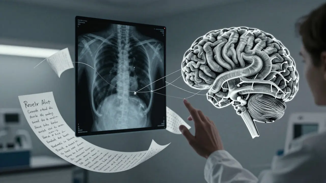 An X-ray and handwritten notes drift around a human brain, connected by delicate silver threads in a quiet medical room at night.