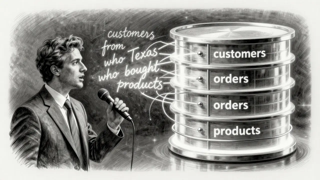 Business analyst speaking as database schema with linked tables glows beside them, rendered in metalpoint.