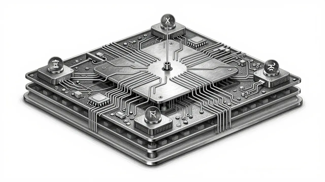 Cross-section illustration of reasoning circuits and action modules.