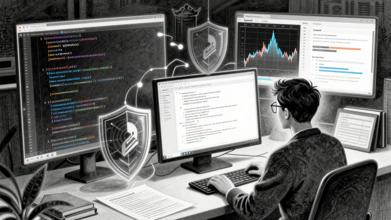 Developer reviewing AI code with security analysis tools