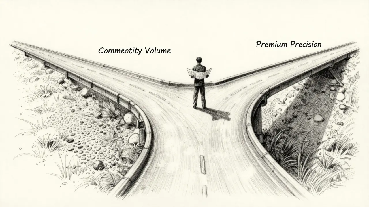 Fork in the road showing wide path and narrow elevated bridge.