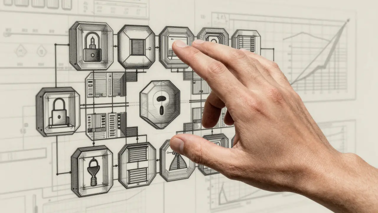 Human hand interacting with a complex security grid design