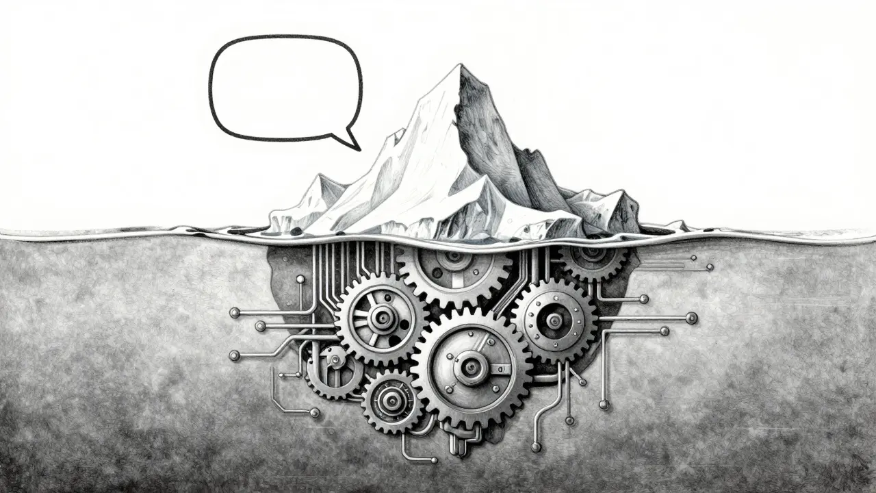 Iceberg with speech bubble above and complex machinery below water.