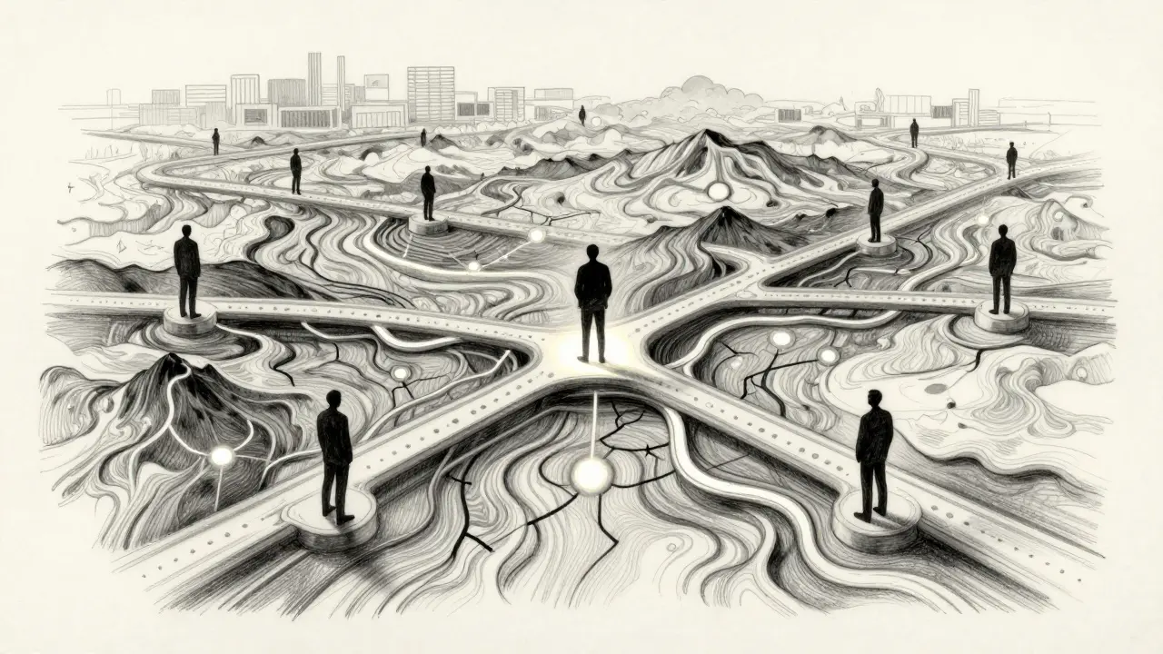 Landscape of data streams with human oversight silhouettes.