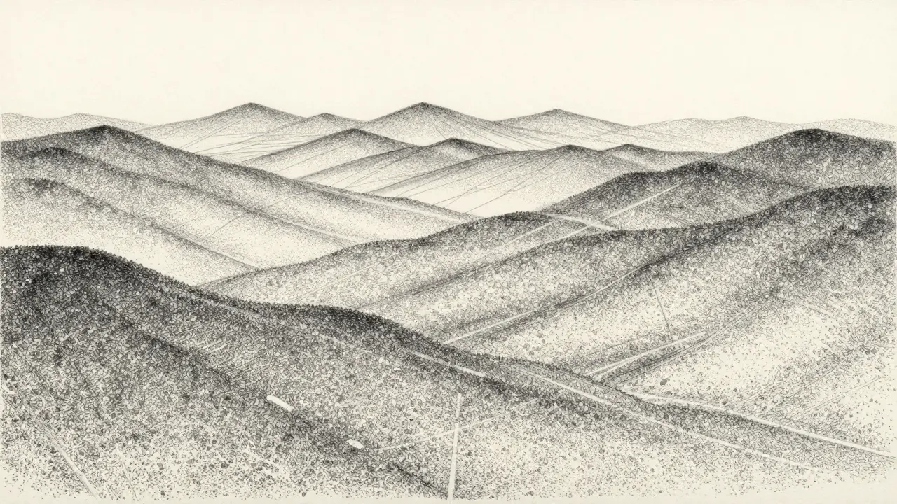 Landscape of knowledge showing dense particle clusters connected by faint threads to sparse areas.