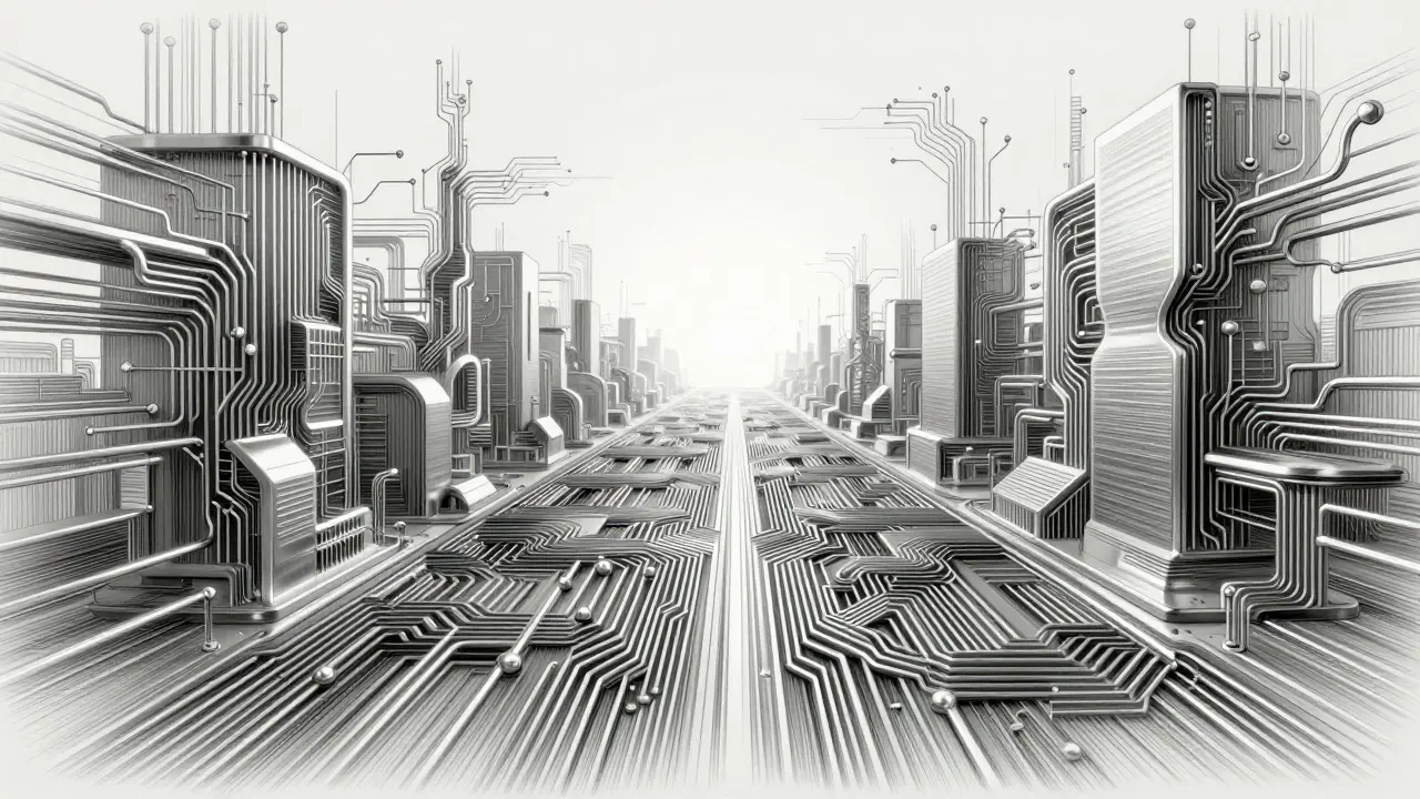 Metal drawing of converging data streams symbolizing hybrid AI future