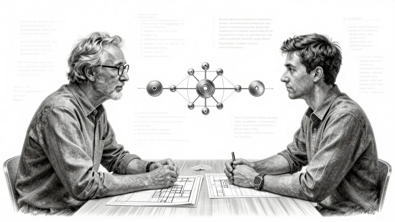 Senior and junior developers facing each other across a table, connected by a bridge of coded concepts and technical annotations.