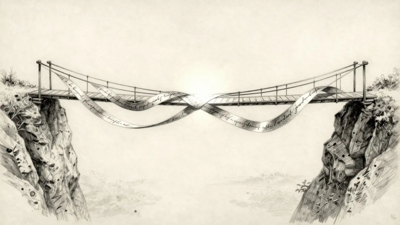 Symbolic bridge of script ribbons merging into a solid beam representing internal translation.