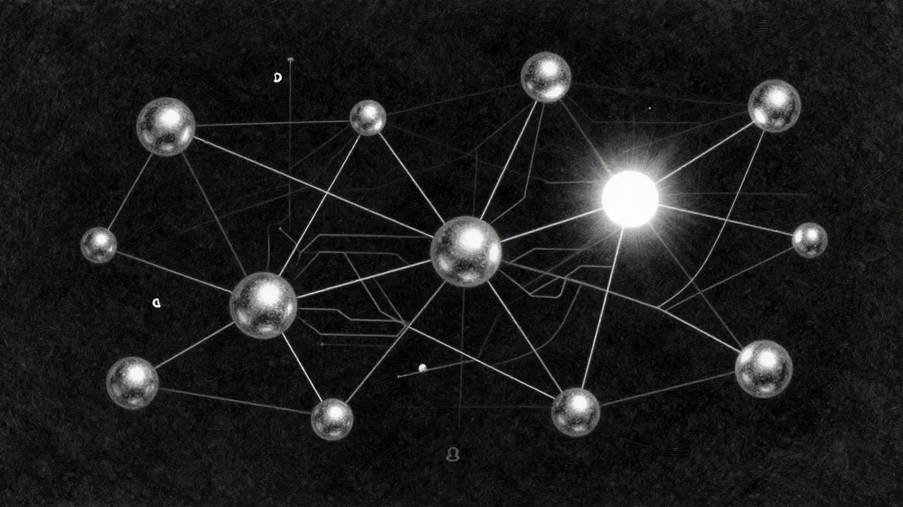 Tiny metallic spheres connected by fine lines, representing microservices in a network.