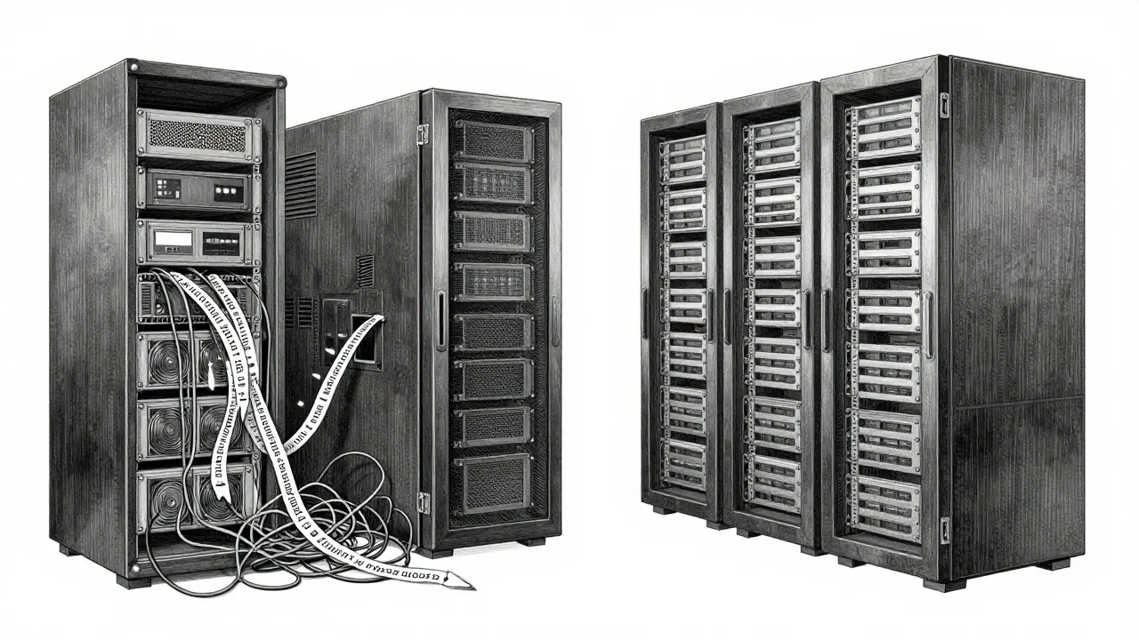 Two contrasting LLM server setups: chaotic overload vs. balanced efficiency, rendered in delicate metalpoint detail.