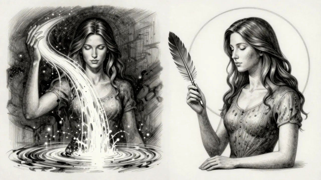 Two sides of an AI figure: one spilling false facts, the other pausing in silent refusal.