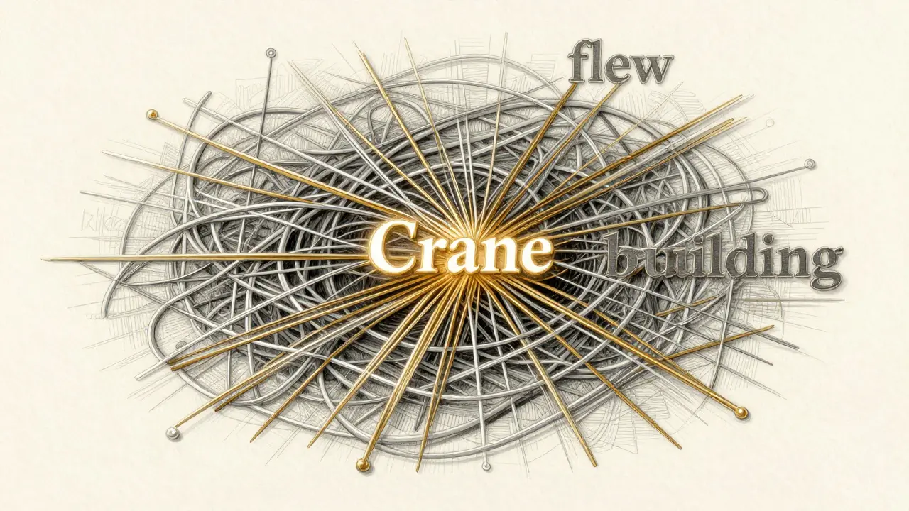 A detailed metalpoint illustration of a network of threads connecting a central word to its context.