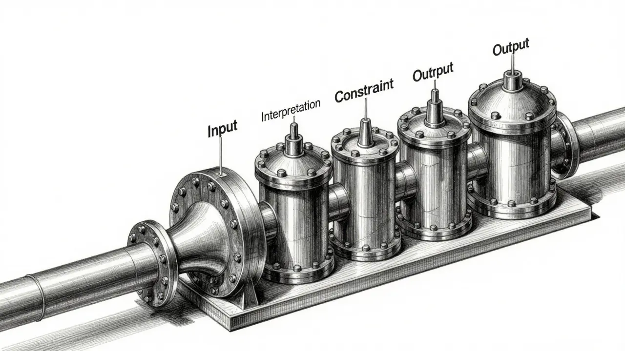 A four-stage metallic pipeline transforming raw data into structured output.