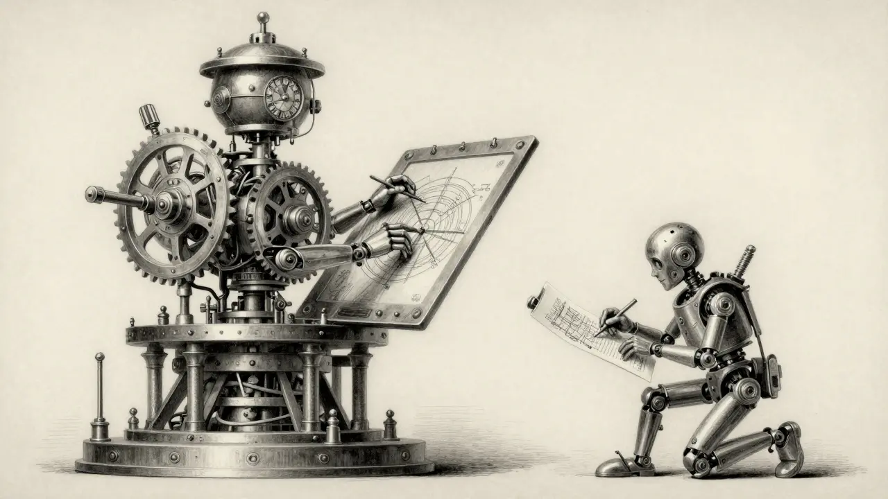 A large clockwork architect directing a small mechanical scribe.
