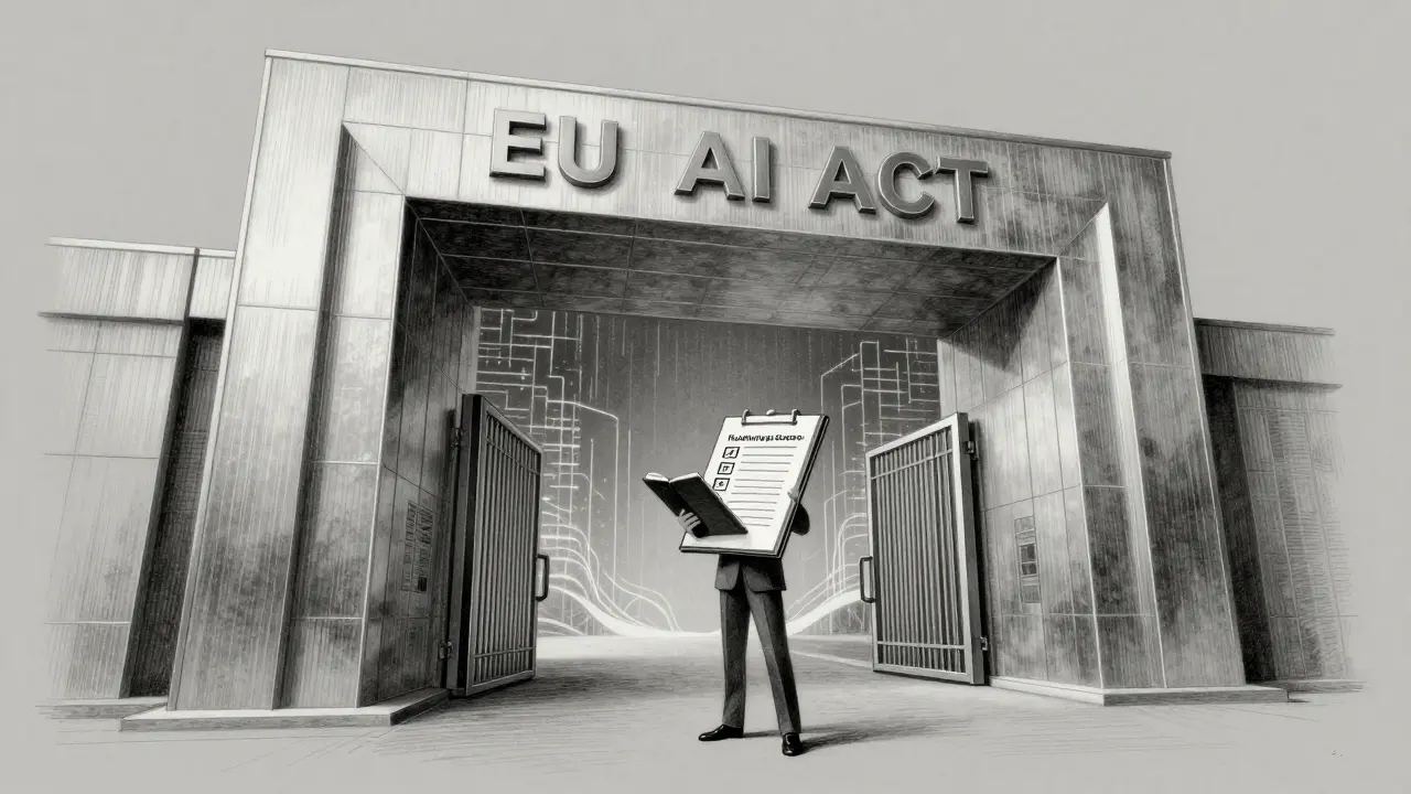 A professional standing before a conceptual compliance gateway in metalpoint style