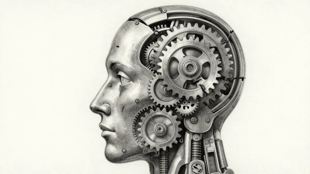 A profile of a mechanical head with fading internal gears, representing catastrophic forgetting in AI.