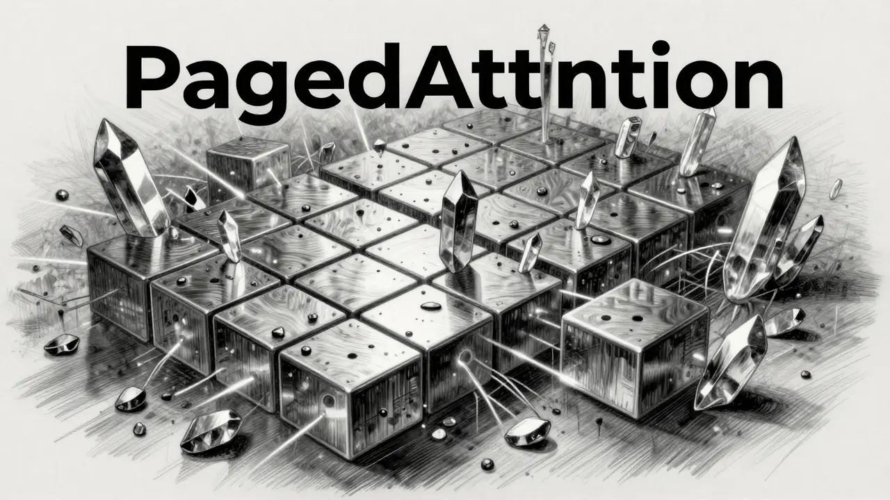 Abstract metalpoint drawing of a mosaic of floating memory tiles representing PagedAttention.