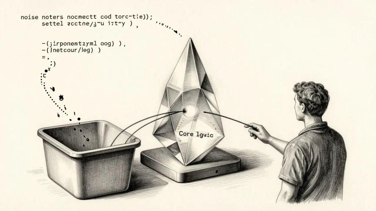 AI prism filtering technical noise from core code logic in a technical flow