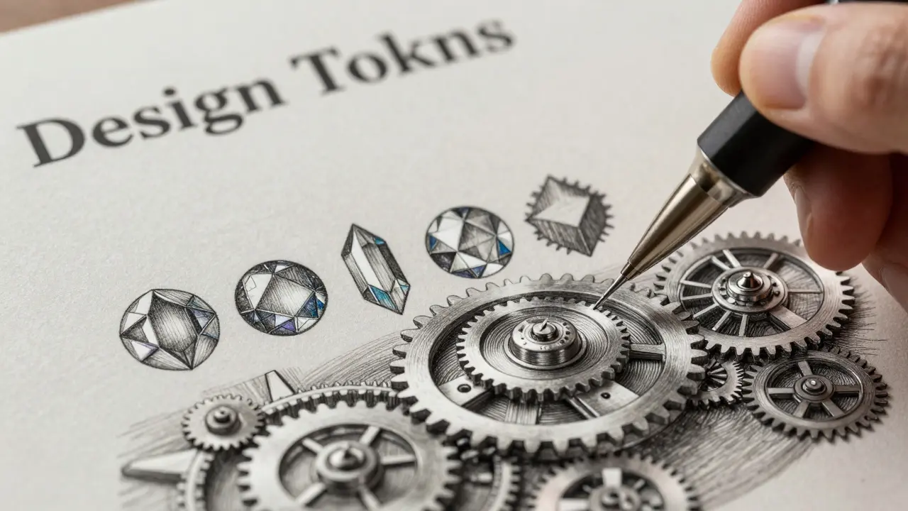 Detailed metalpoint drawing of geometric design tokens entering a precision mechanical system.