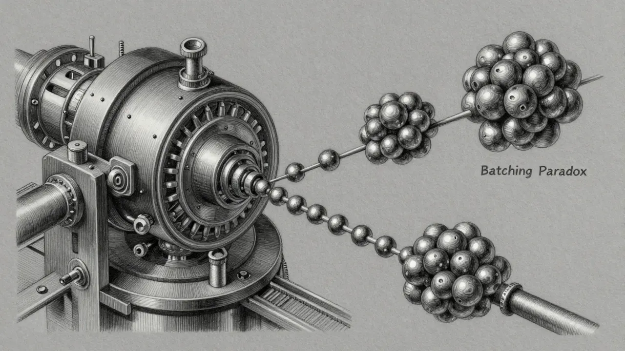Detailed metalpoint illustration of a GPU mechanism processing requests in single and batched flows.