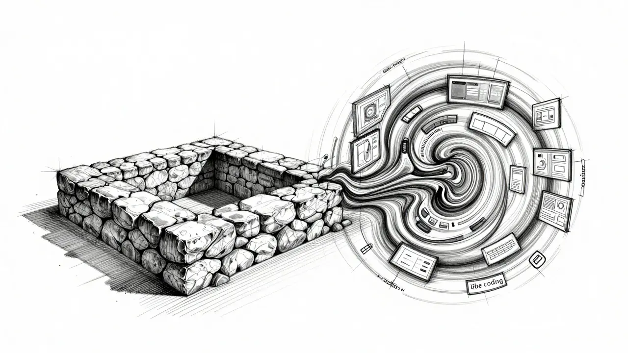 Divided illustration showing a stone foundation for core systems and fluid sketches for prototypes.