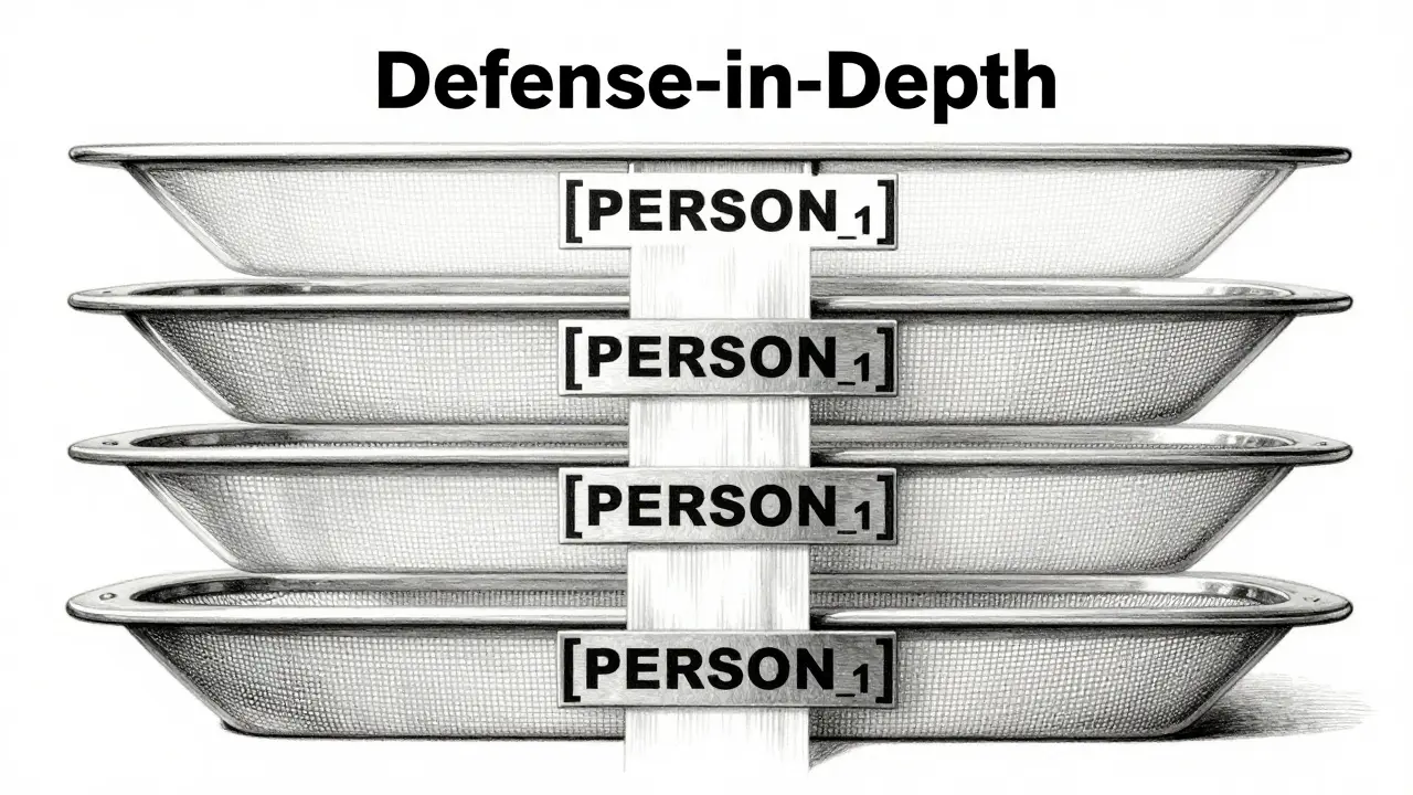 Drawing of a text stream passing through four silver filters, showing sensitive data being redacted.