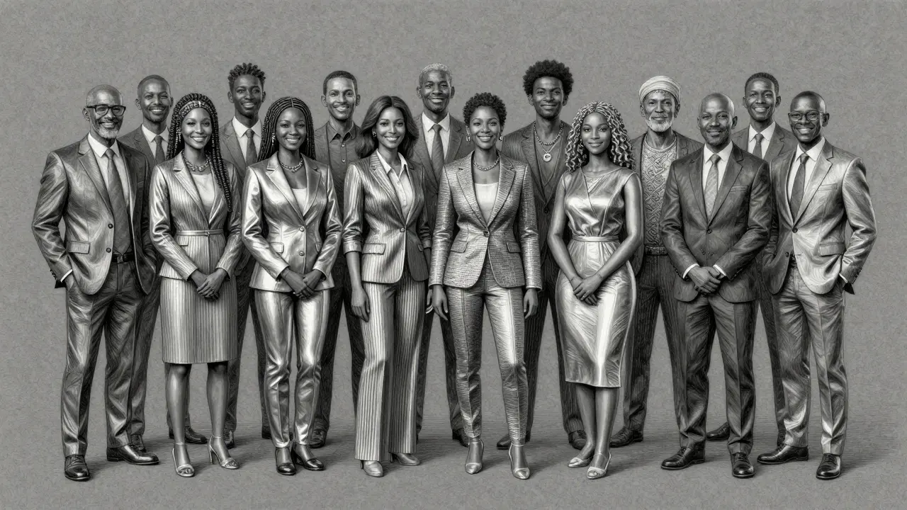 Metalpoint drawing of a diverse group of professionals representing a fair and balanced AI dataset.