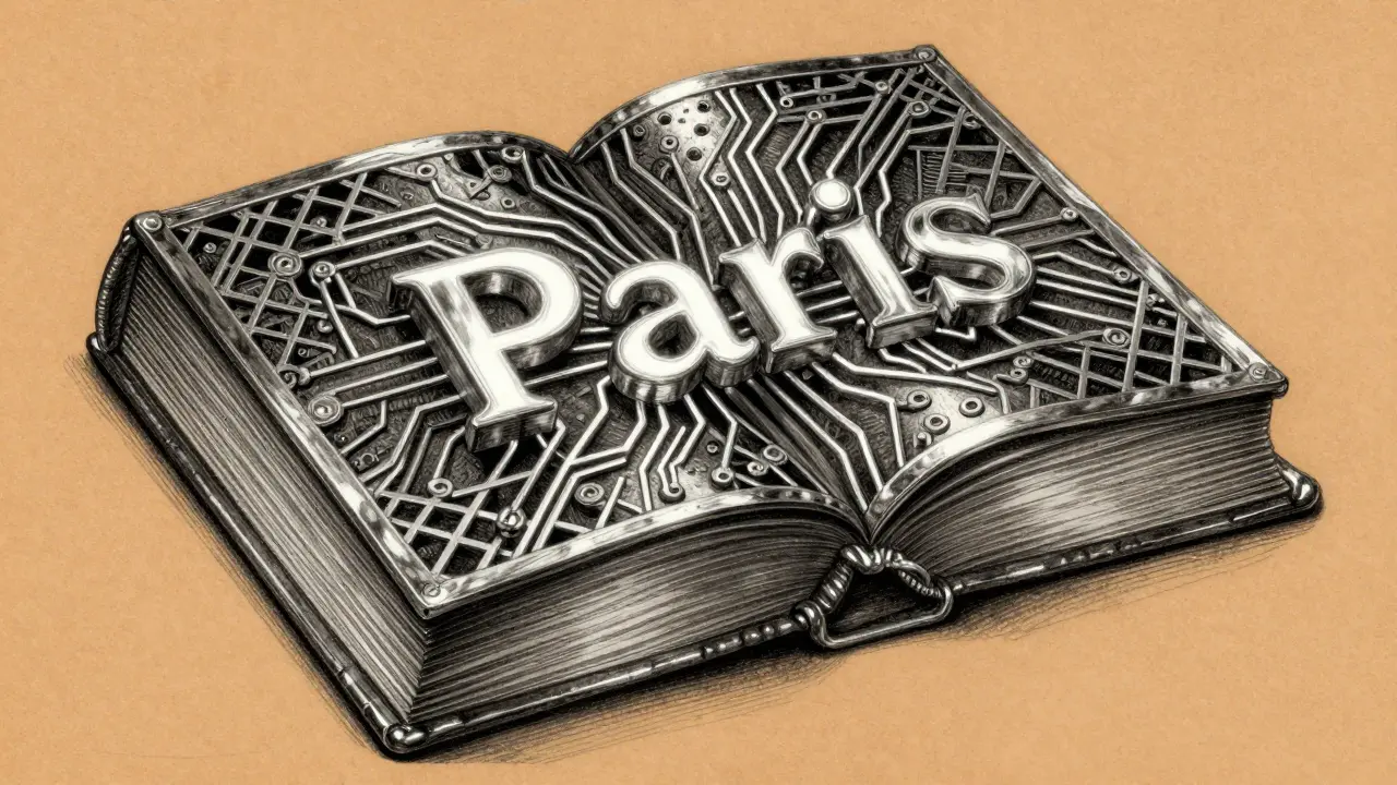 Metalpoint drawing of a metallic lattice encyclopedia with a glowing word Paris.
