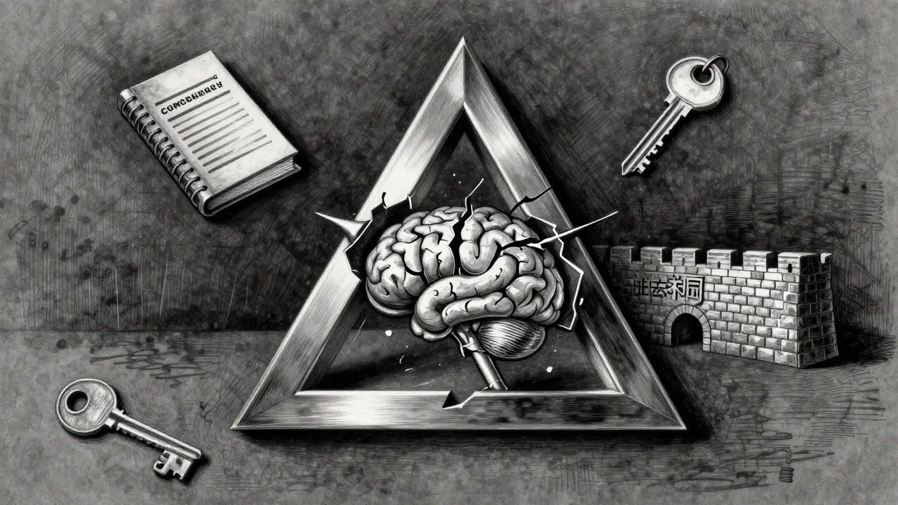 Metalpoint drawing of a metallic triangle symbolizing conflicting global AI regulations.