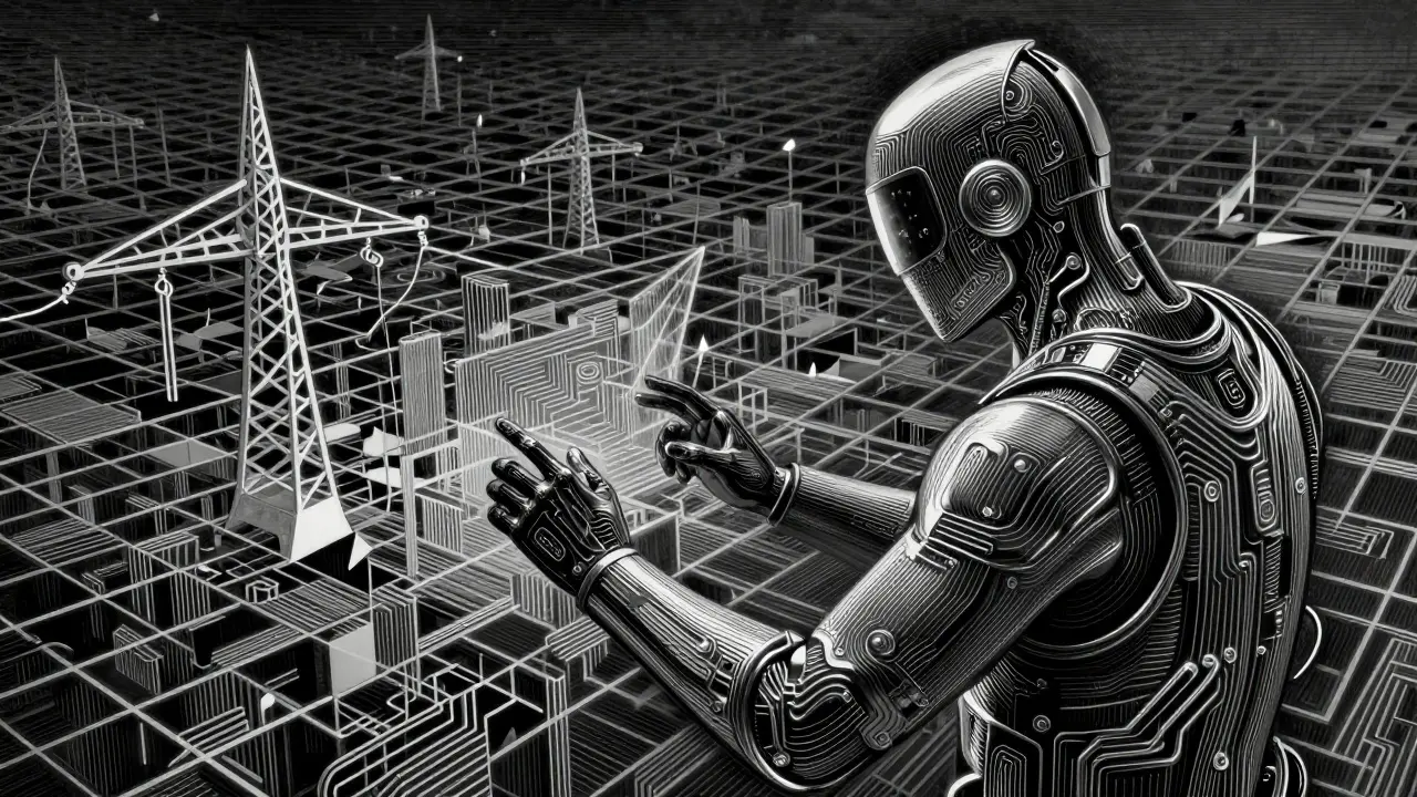 Metalpoint drawing of a security agent scanning a digital grid for vulnerabilities.