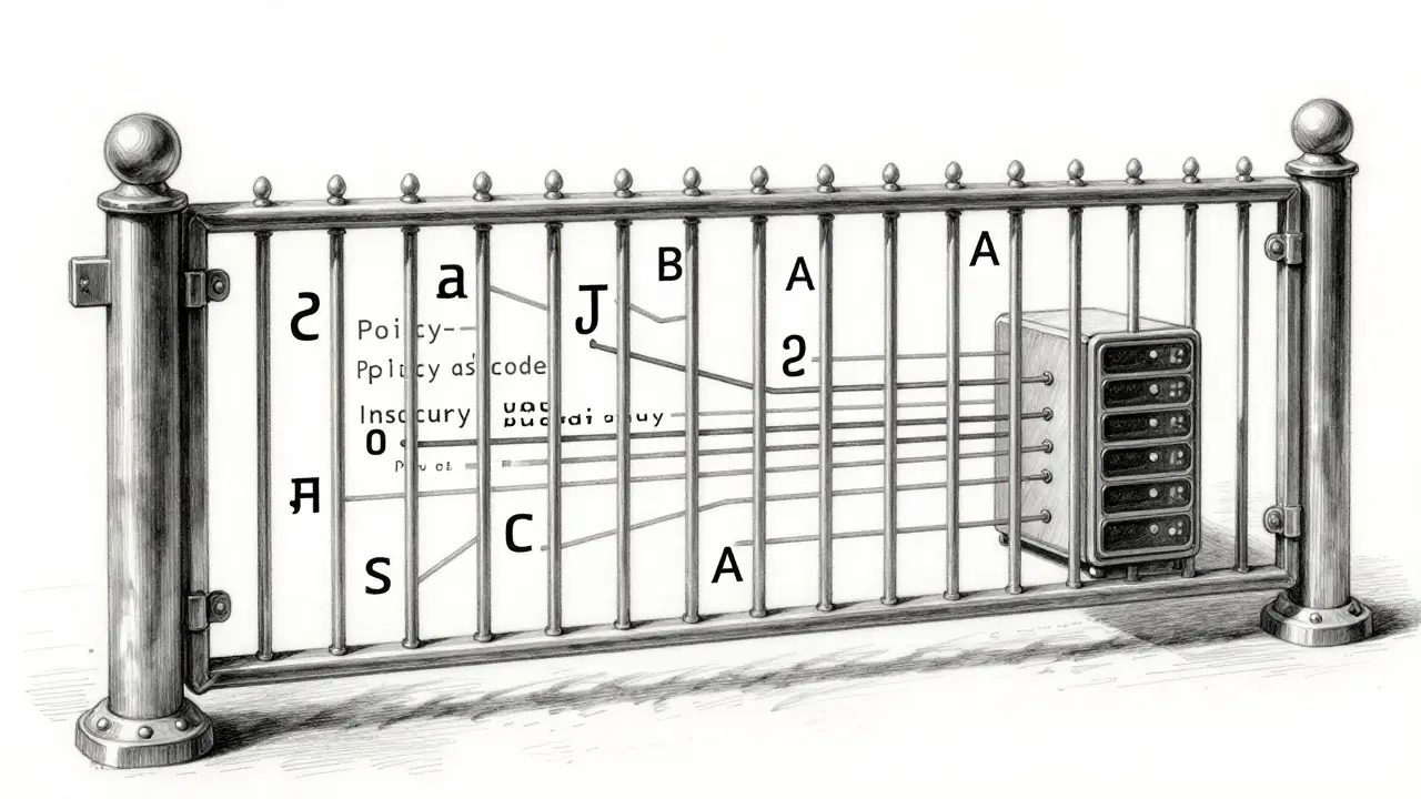 Metalpoint drawing of a security gate filtering AI-generated code for safety and stability.