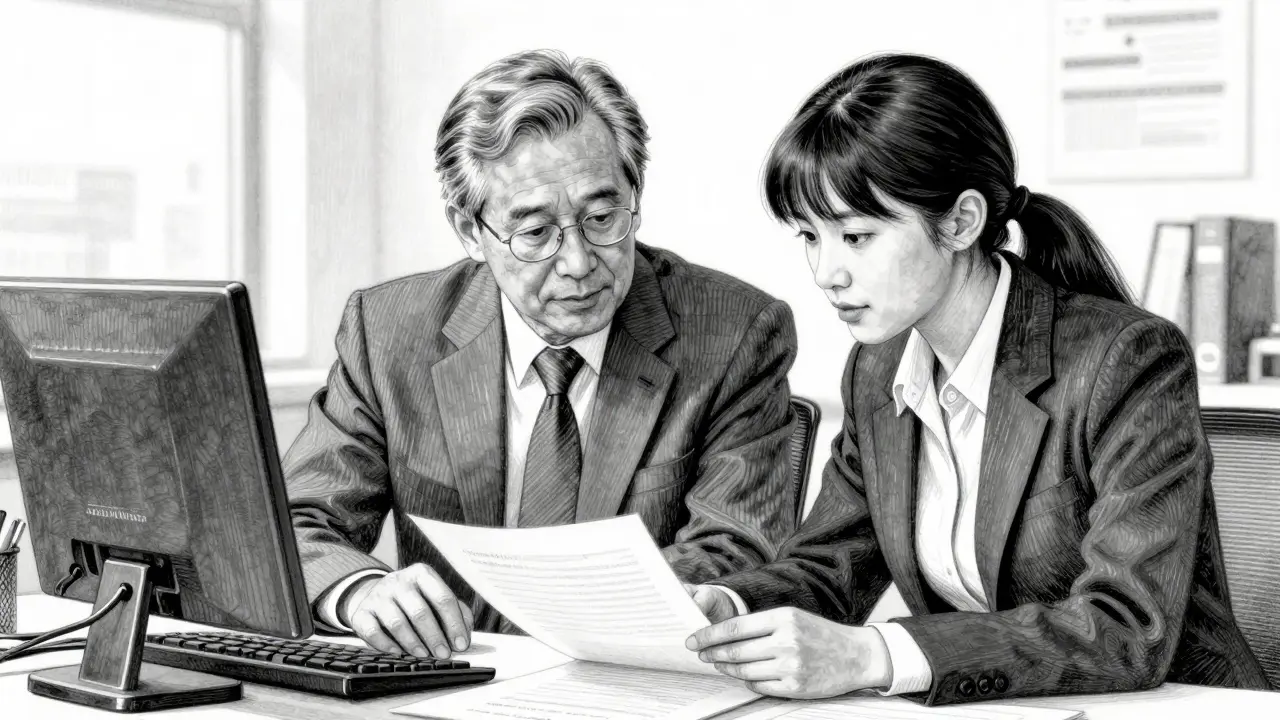 Metalpoint drawing of two attorneys collaborating to review a legal document.