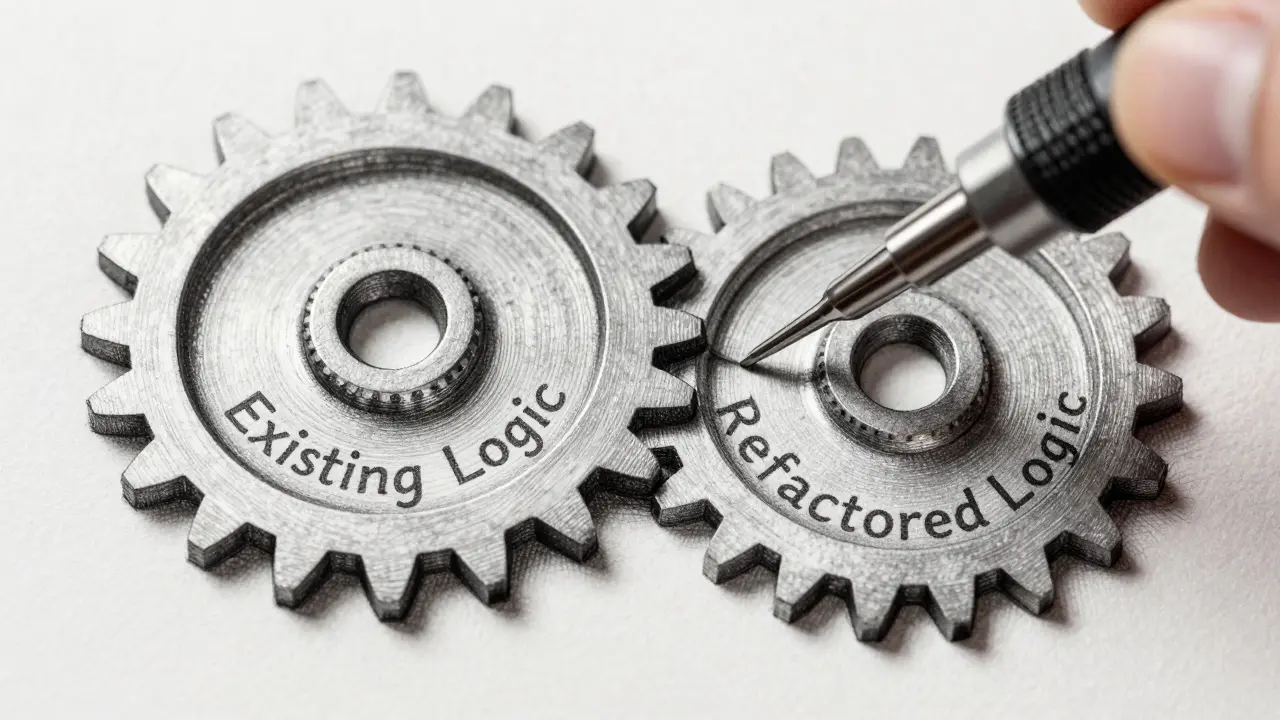 Metalpoint drawing of two interlocking gears being refined to symbolize code refactoring.