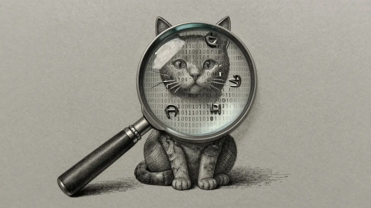 Metalpoint drawing showing hidden malicious code revealed within a simple image via a magnifying glass.