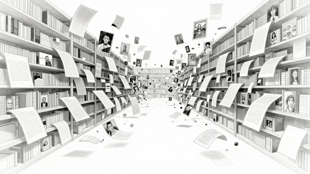 Metalpoint illustration of a vast, fragmented digital archive showing uneven data distribution.