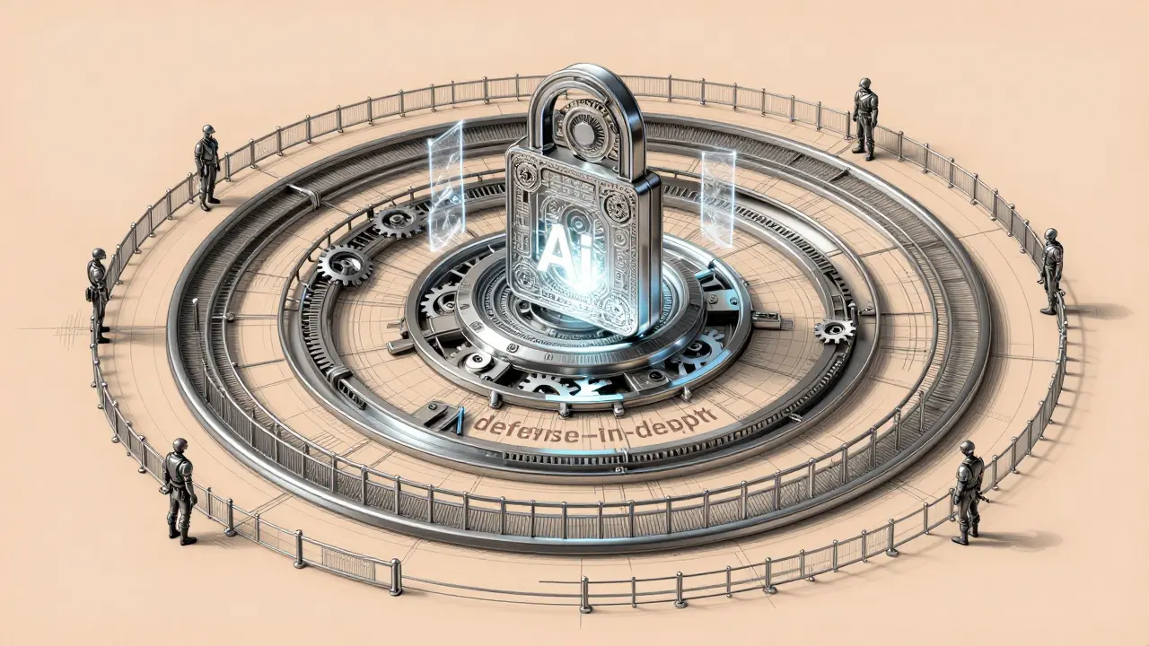Metalpoint illustration of concentric security layers protecting an AI core.
