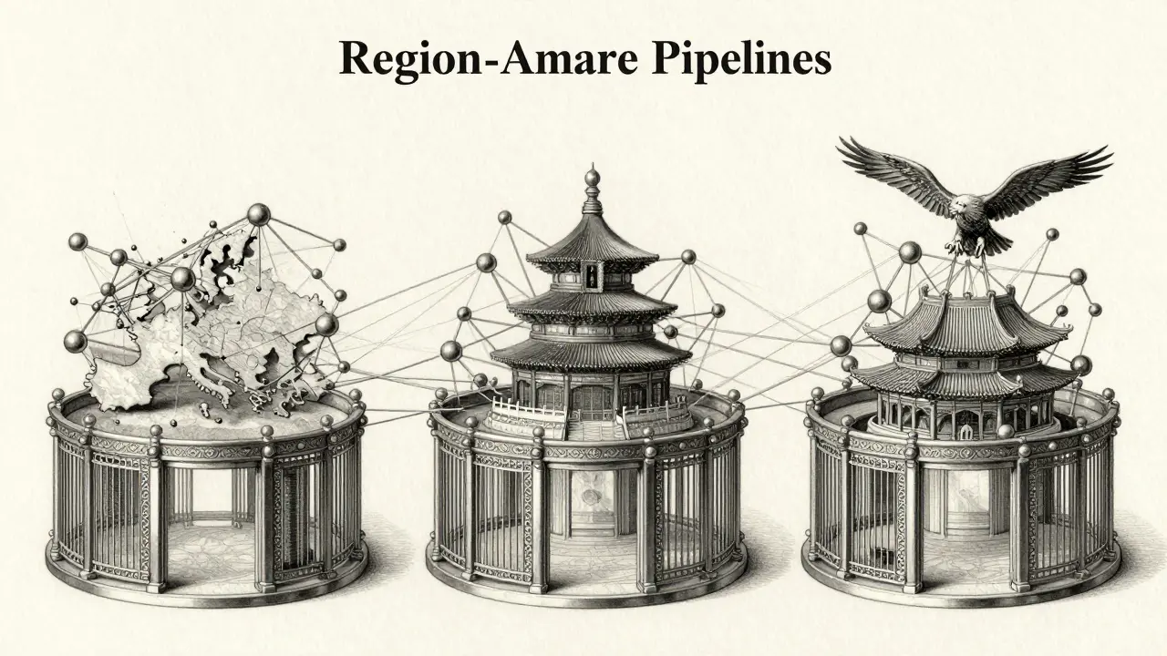 Metalpoint illustration of isolated regional AI data pods separated by metallic gates.