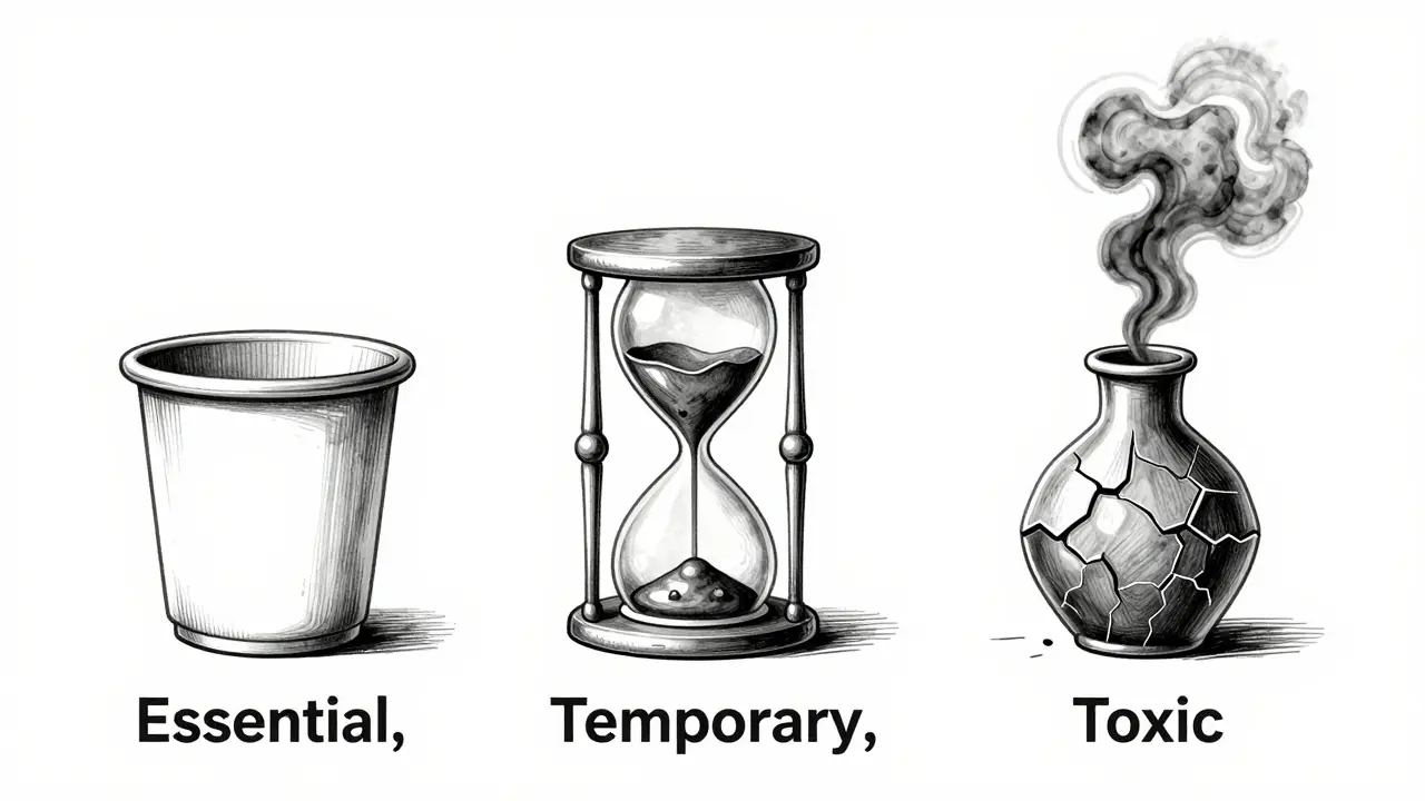 Metalpoint illustration of three vessels representing essential, temporary, and toxic data.